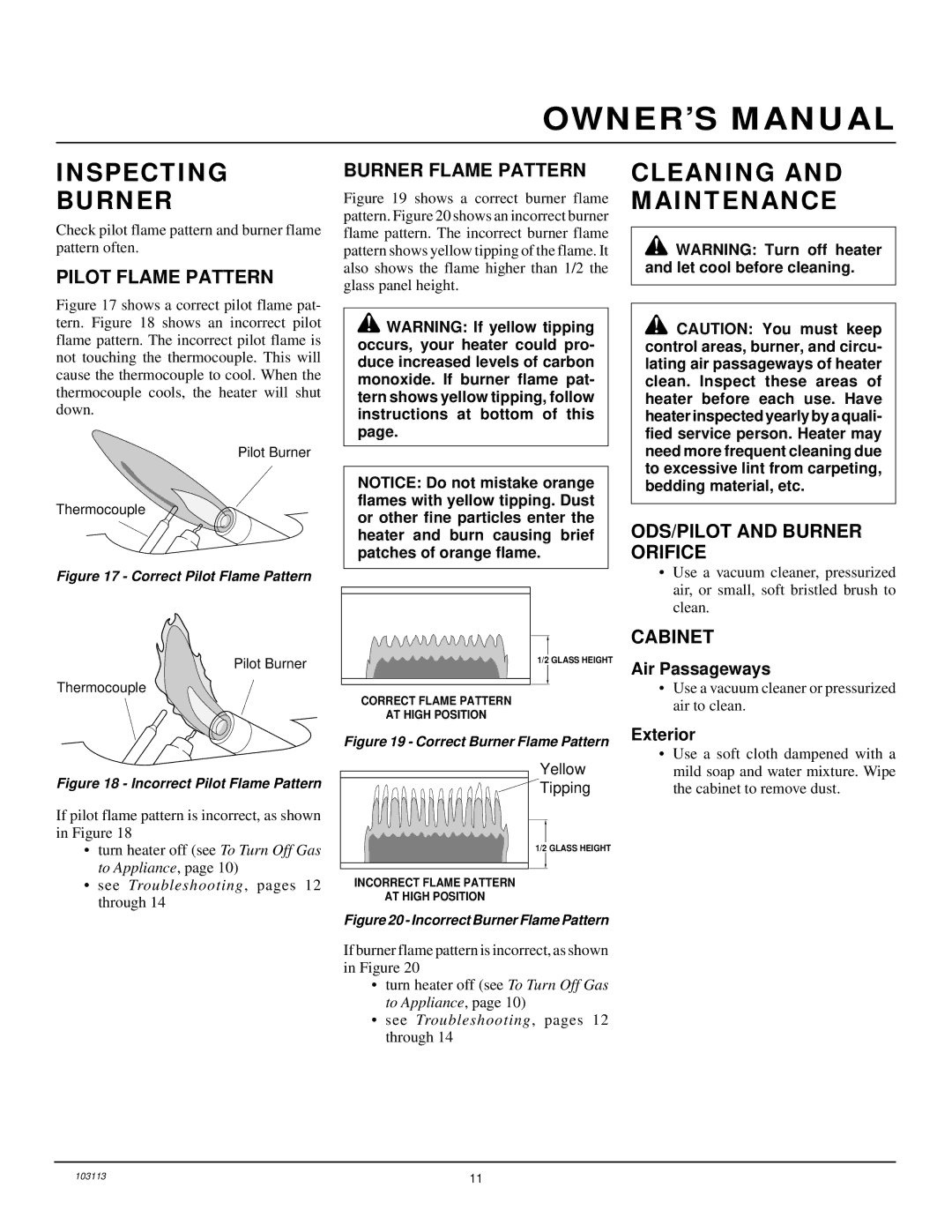 Desa BLUE FLAME VENT-FREE NATURAL GAS HEATER installation manual Inspecting Burner, Cleaning and Maintenance 