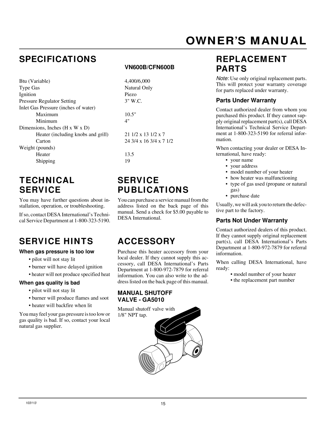 Desa BLUE FLAME VENT-FREE NATURAL GAS HEATER Specifications, Replacement Parts, Technical Service, Service Publications 