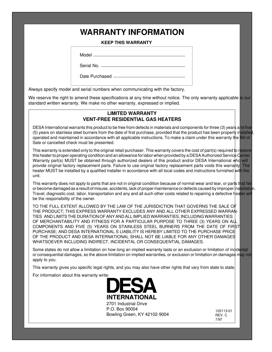 Desa BLUE FLAME VENT-FREE NATURAL GAS HEATER Warranty Information, Limited Warranty VENT-FREE Residential GAS Heaters 