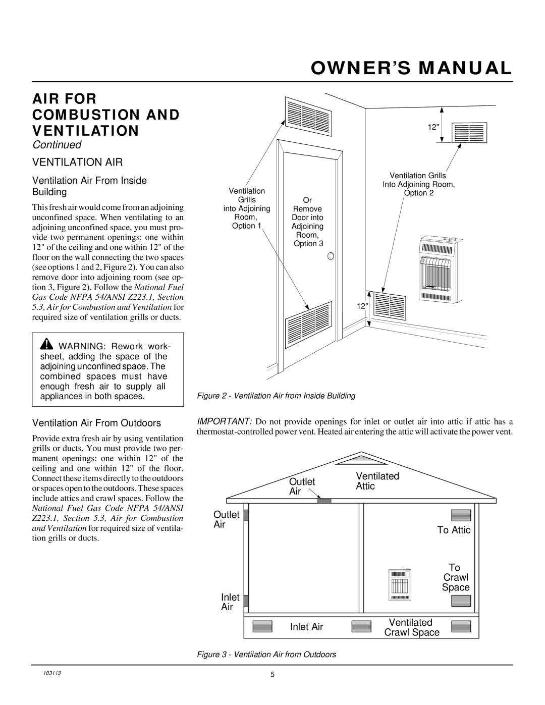 Desa BLUE FLAME VENT-FREE NATURAL GAS HEATER installation manual Ventilation AIR, Ventilation Air From Inside Building 