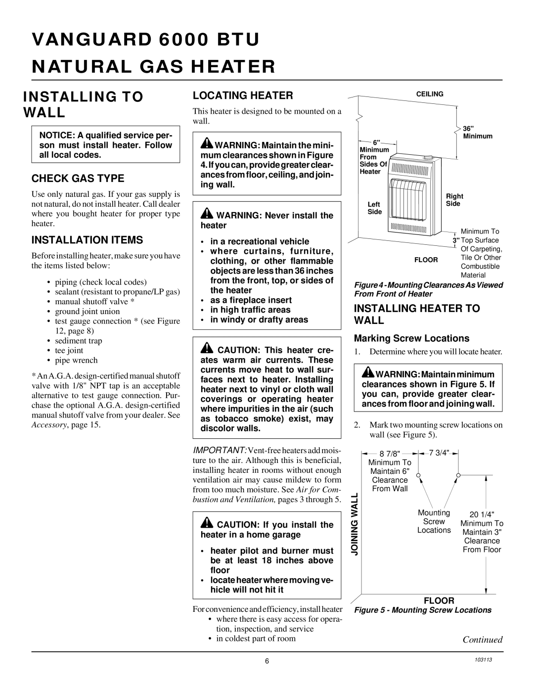 Desa BLUE FLAME VENT-FREE NATURAL GAS HEATER installation manual Installing to, Wall 