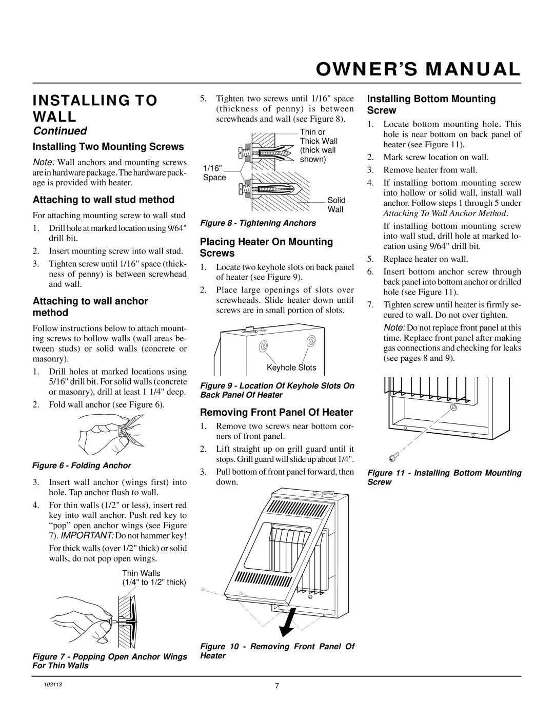 Desa BLUE FLAME VENT-FREE NATURAL GAS HEATER installation manual Installing to Wall, Attaching to wall anchor method 