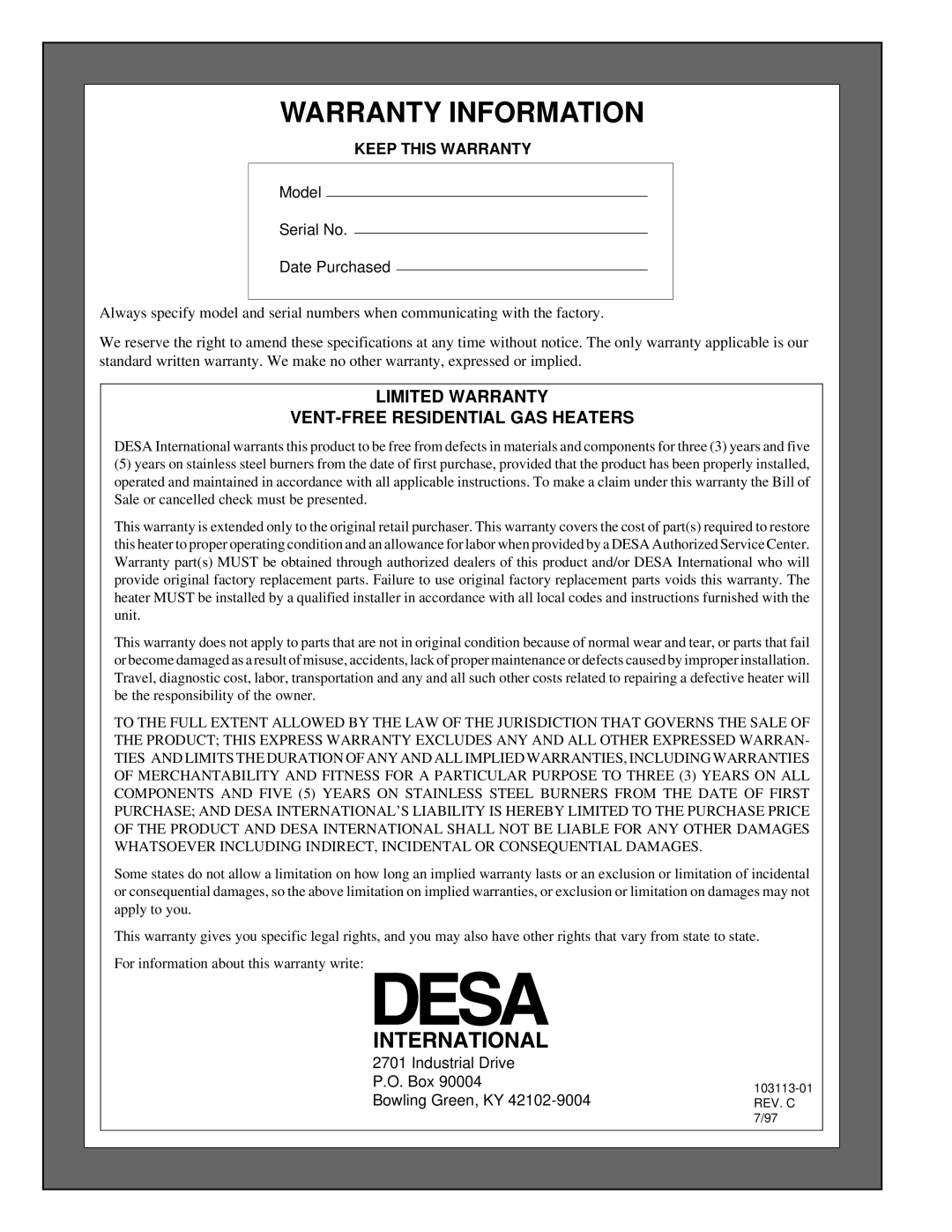 Desa BLUE FLAME VENT-FREE NATURAL GAS HEATER Warranty Information, Limited Warranty Vent-Freeresidential Gas Heaters 