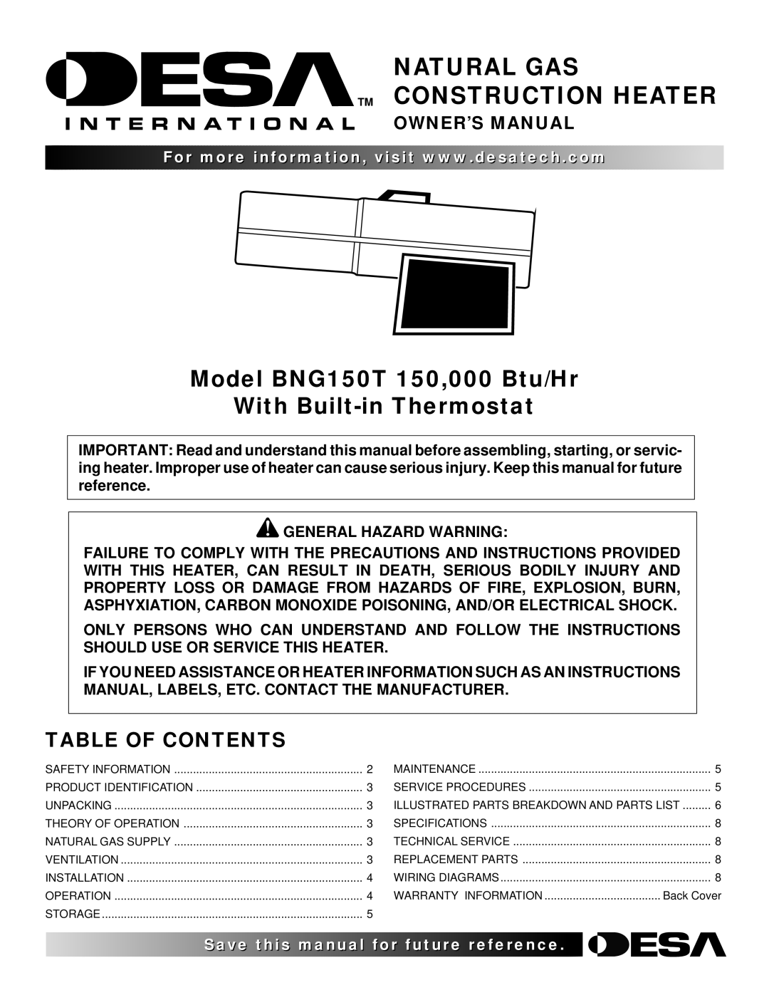 Desa BNG150T owner manual Natural GAS TM Construction Heater, Table of Contents 