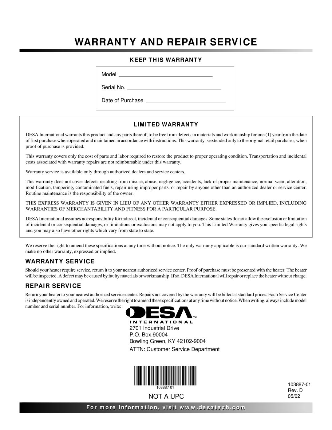 Desa BNG150T owner manual Warranty and Repair Service 