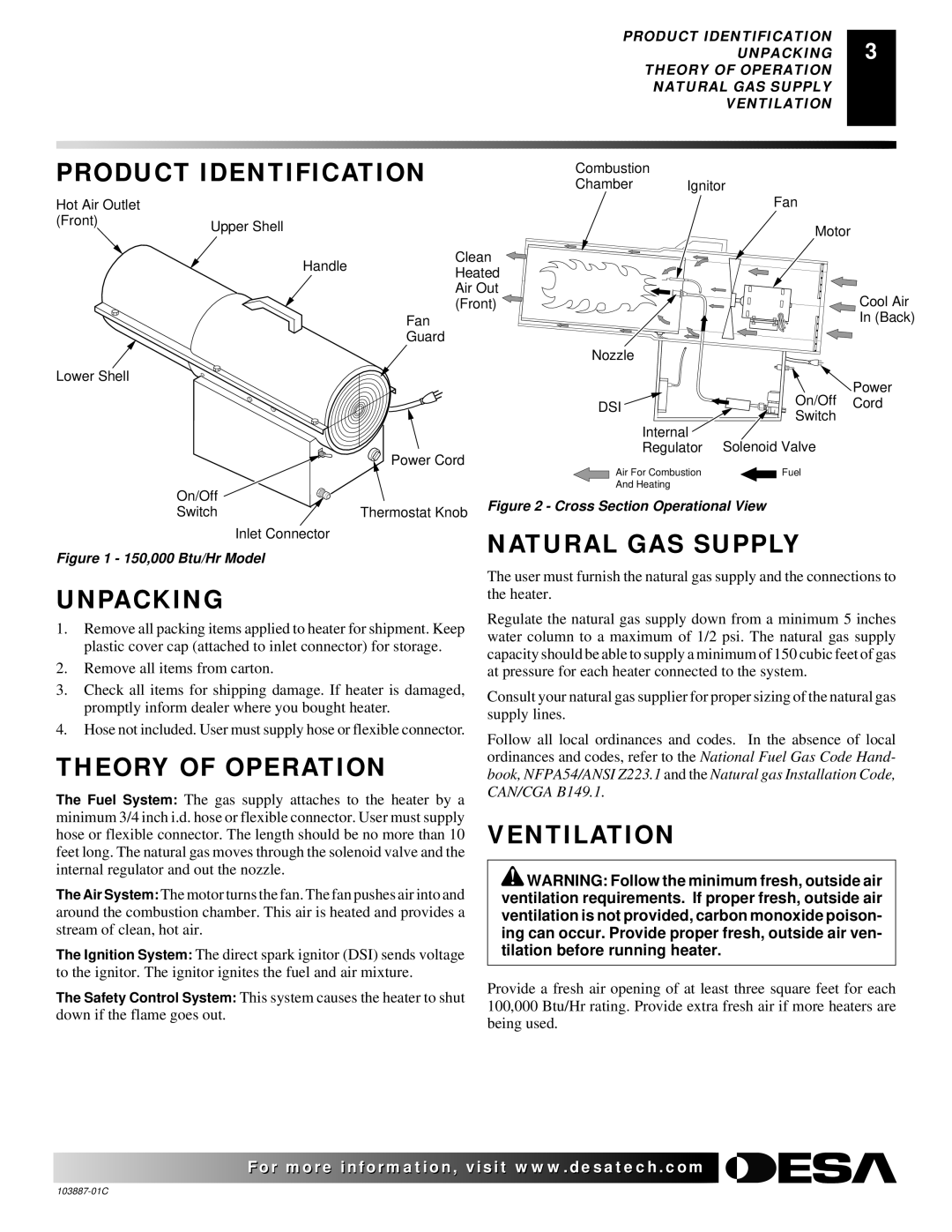 Desa BNG150T owner manual Product Identification, Natural GAS Supply Unpacking, Theory of Operation, Ventilation 