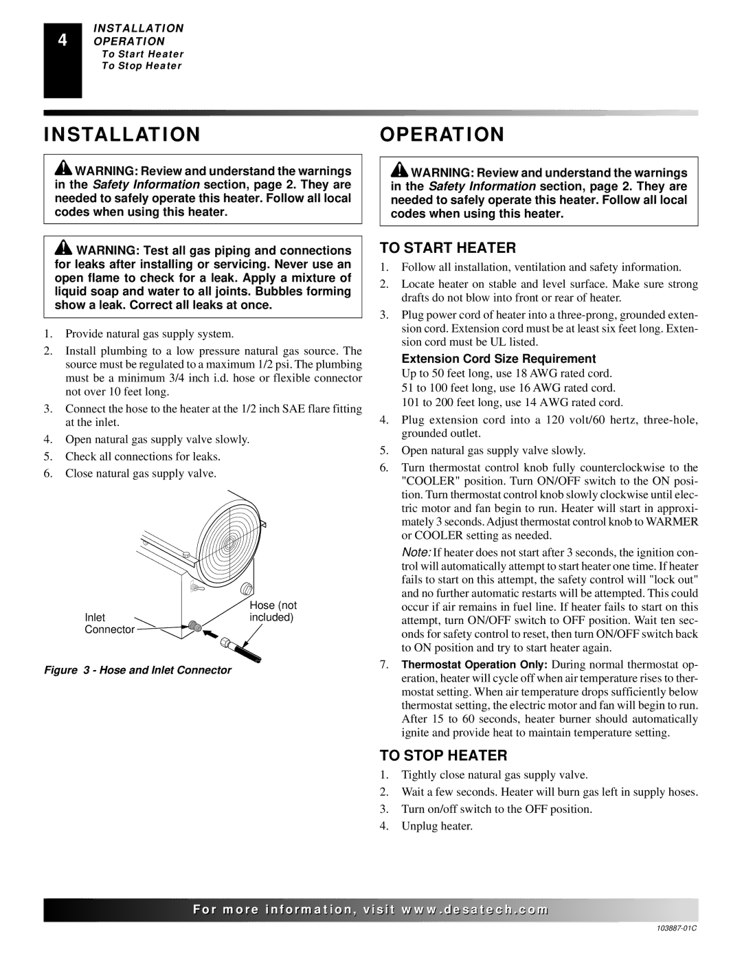 Desa BNG150T owner manual Installationoperation, To Start Heater, To Stop Heater 