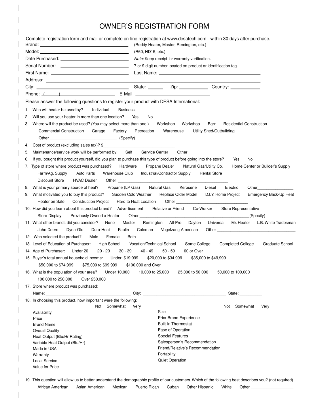 Desa BNG150T owner manual Owners Registration Form 