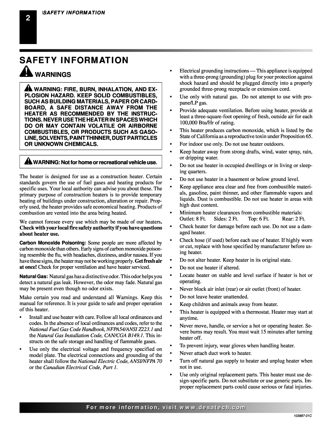 Desa BNG150T owner manual Safety Information, Warnings, WARNING Not for home or recreational vehicle use 