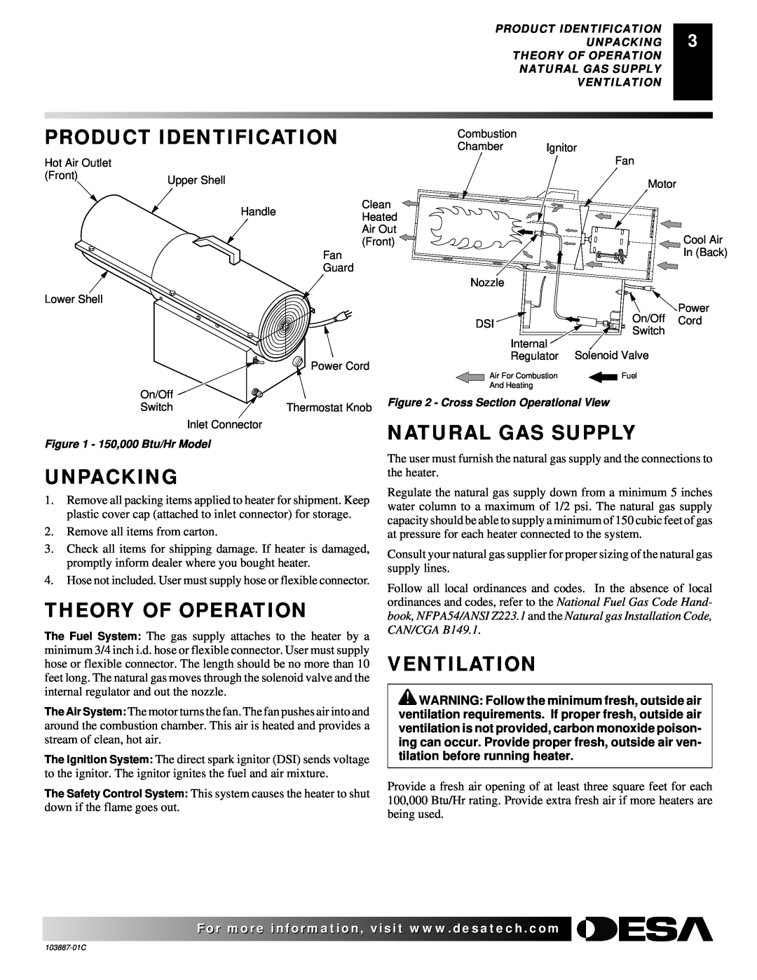 Desa BNG150T owner manual Product Identification, Natural Gas Supply, Unpacking, Theory Of Operation, Ventilation 