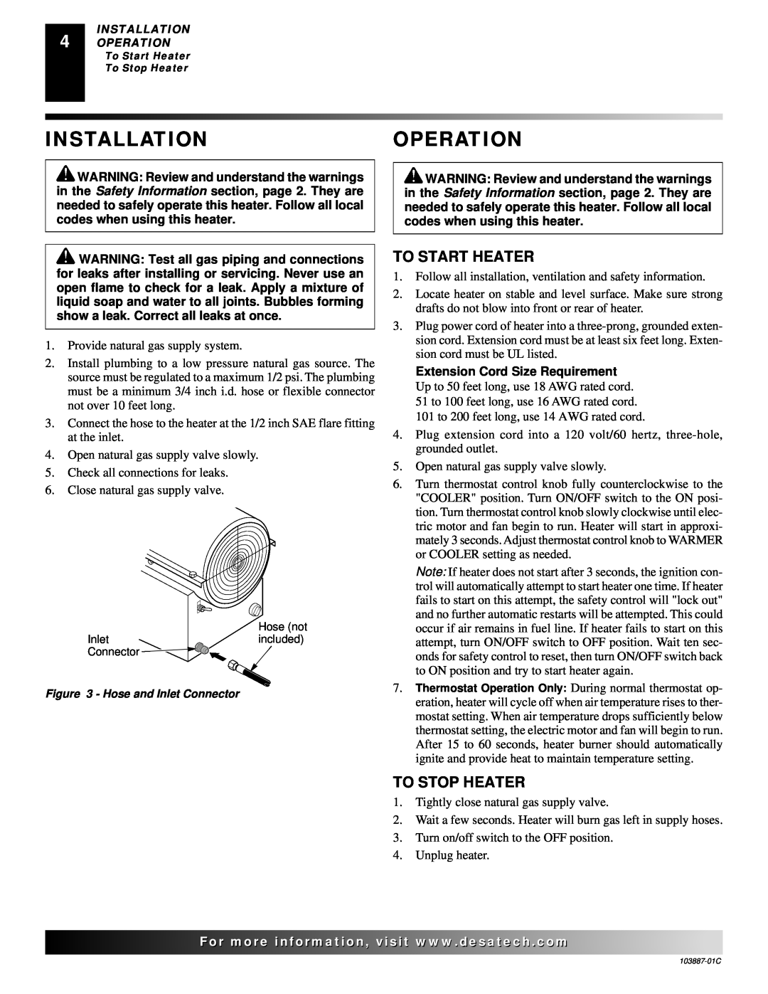 Desa BNG150T owner manual Installationoperation, To Start Heater, To Stop Heater, Extension Cord Size Requirement 