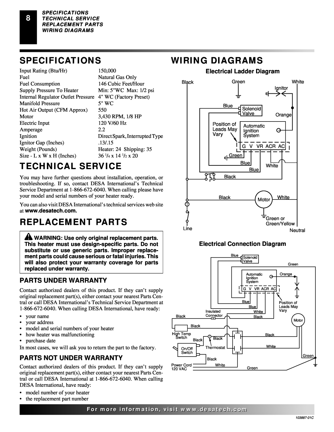 Desa BNG150T owner manual Specifications, Technical Service, Wiring Diagrams, Replacement Parts, Electrical Ladder Diagram 