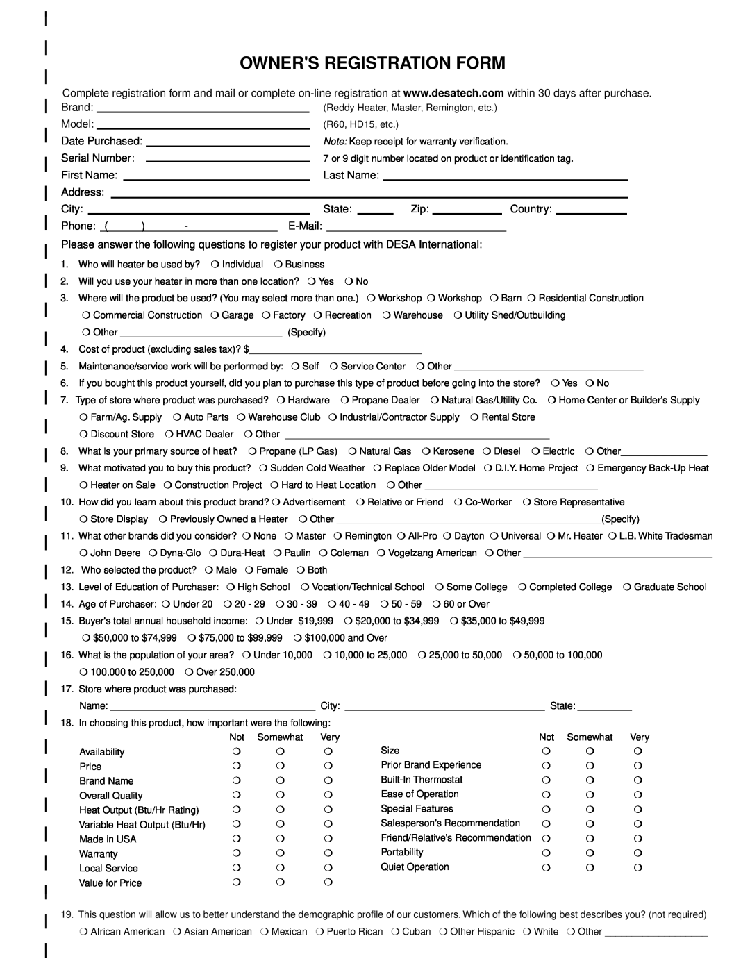 Desa BNG150T owner manual Owners Registration Form 