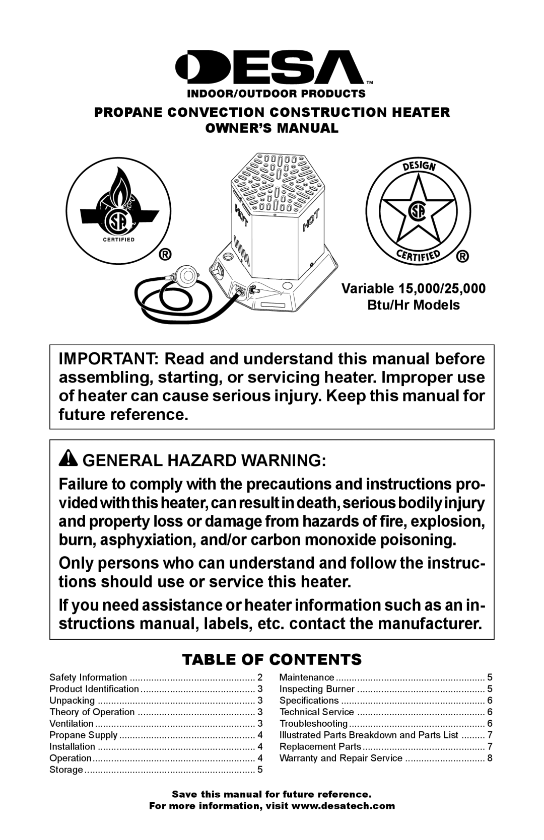 Desa Hr, Btu owner manual General Hazard Warning, Table of Contents 