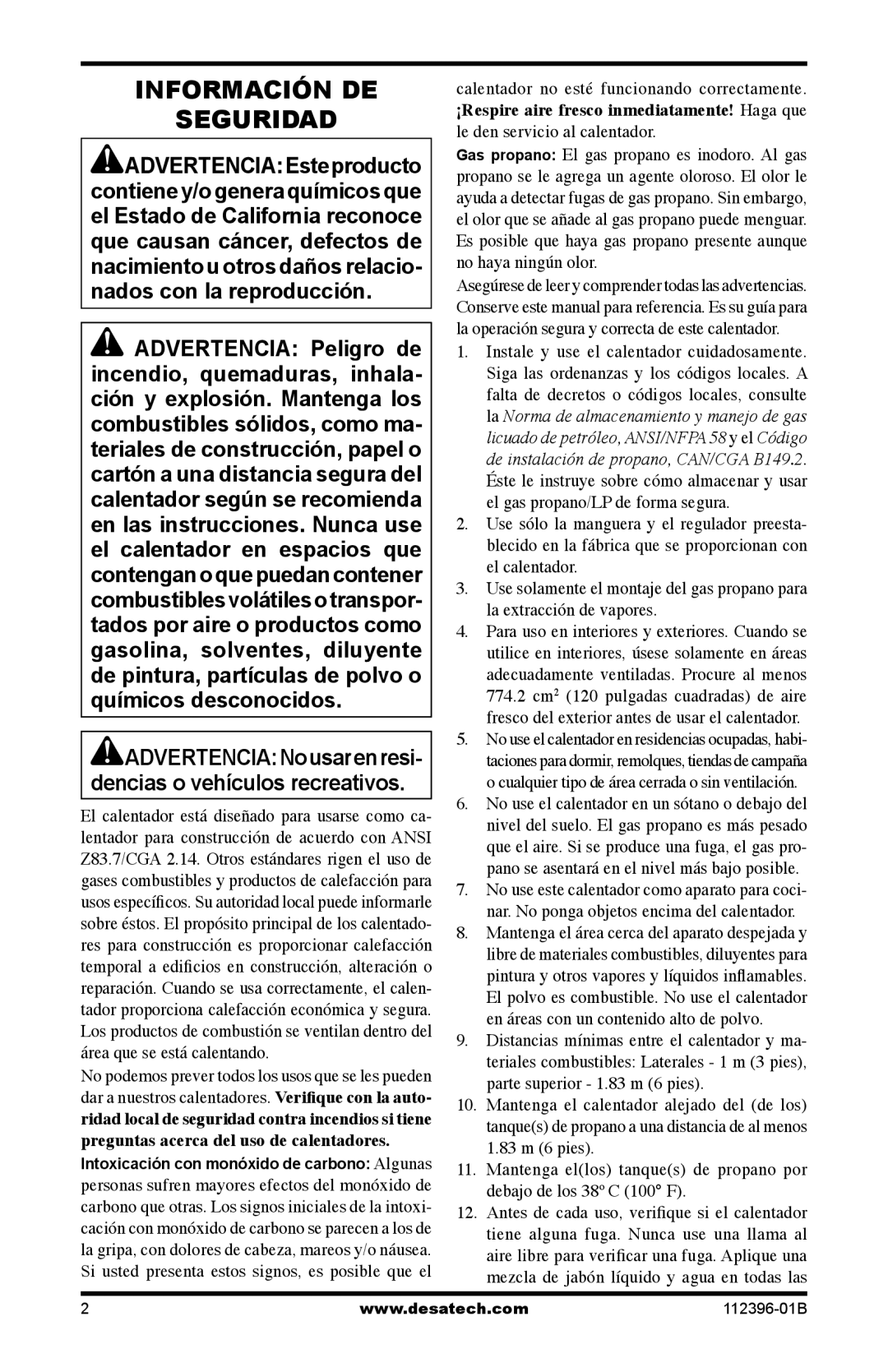 Desa Btu, Hr owner manual Información DE Seguridad, ADVERTENCIANousarenresi Dencias o vehículos recreativos 