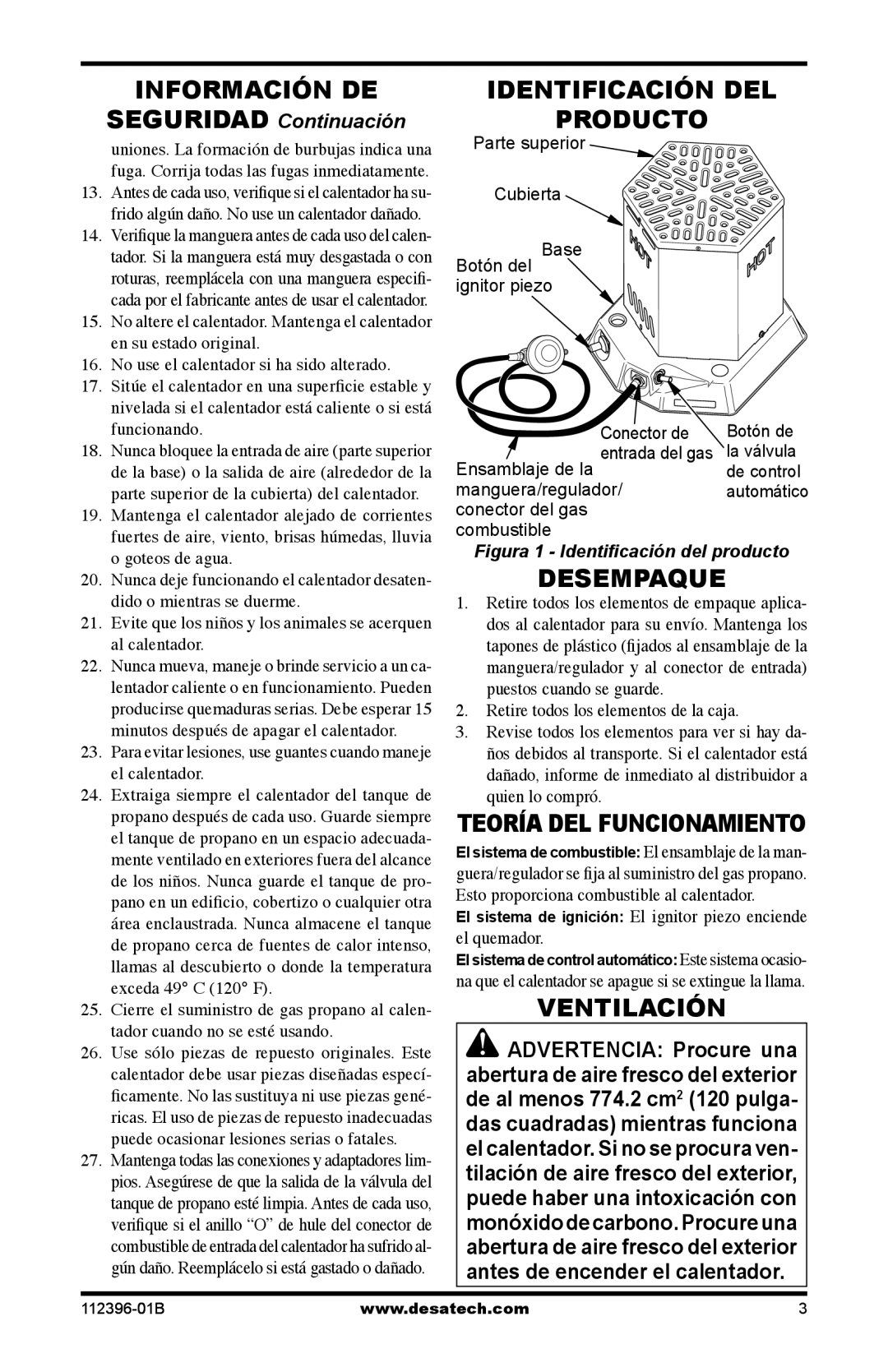 Desa Hr, Btu owner manual Información DE, Identificación DEL Producto, Desempaque, Ventilación, Advertencia Procure una 