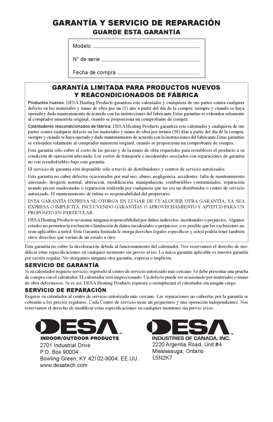 Desa Btu Garantía Y Servicio DE Reparación, Guarde Esta Garantía, Modelo De serie Fecha de compra, Servicio DE Garantía 