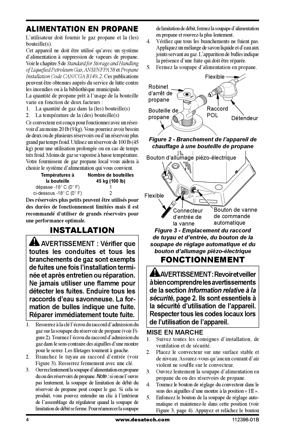 Desa Btu, Hr owner manual Installation, Fonctionnement, Toutes les conduites et tous les, Mise EN Marche 