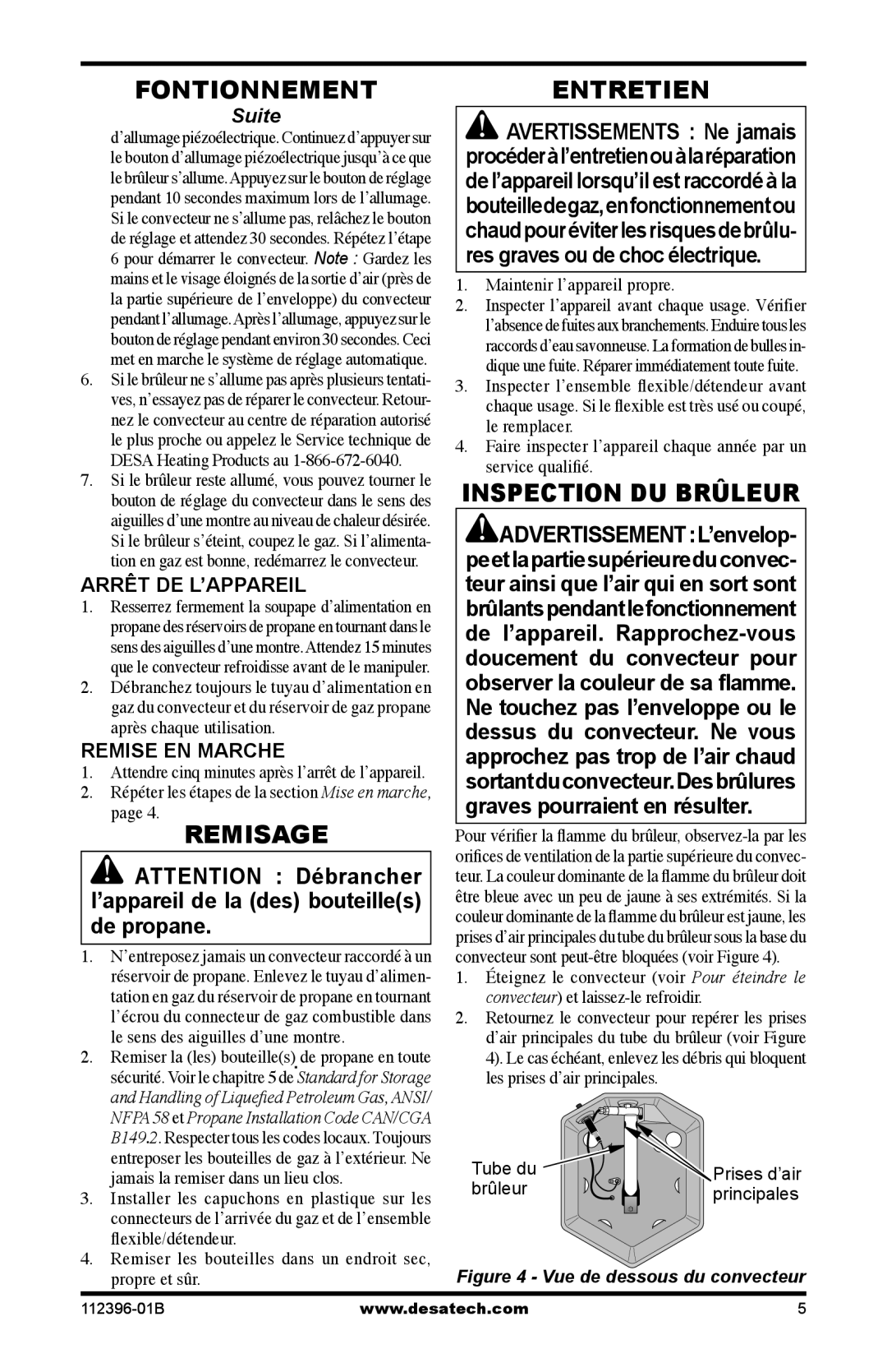 Desa Hr, Btu owner manual Fontionnement, Remisage, Entretien, Inspection DU Brûleur 