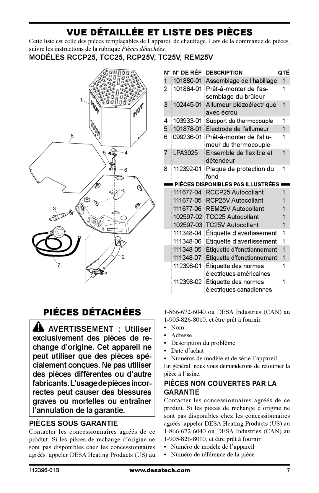 Desa Hr, Btu owner manual Piéces Détachées, Pièces Sous Garantie, 101880-01, Nom Adresse 