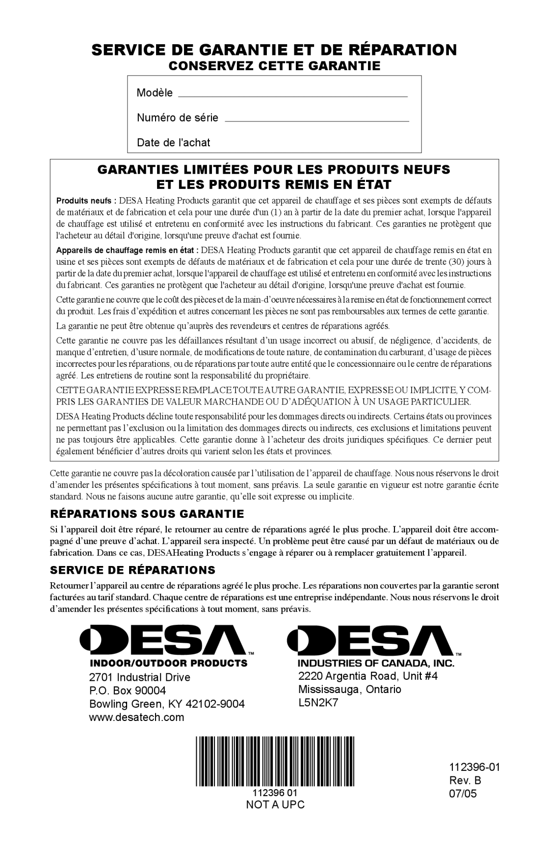 Desa Btu Service DE Garantie ET DE Réparation, Conservez Cette Garantie, Réparations Sous Garantie, Service DE Réparations 