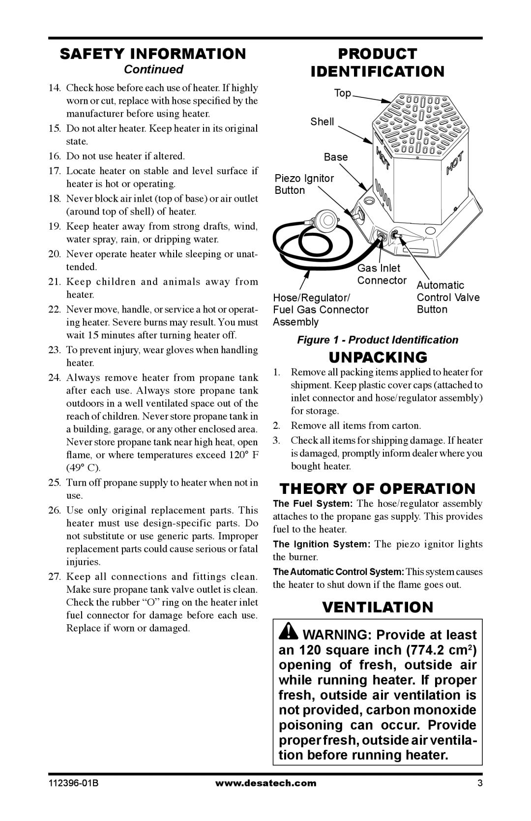 Desa Hr, Btu owner manual Product Identification, Unpacking, Theory of Operation, Ventilation 