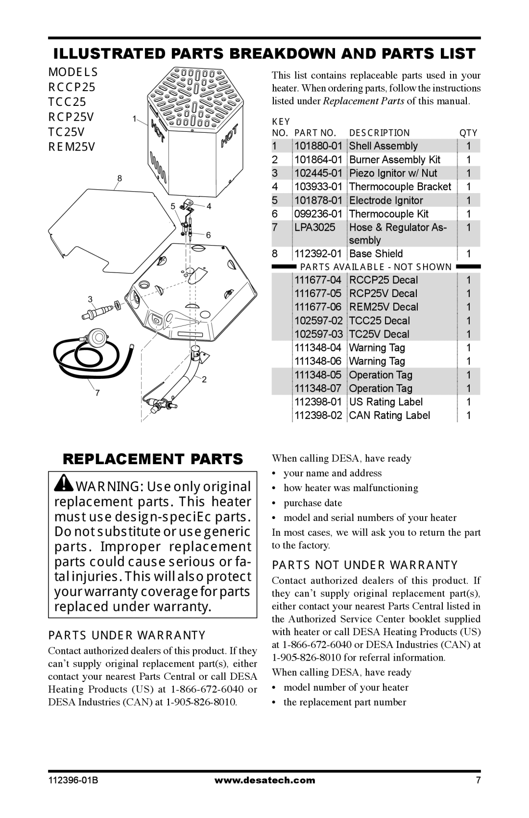 Desa Hr, Btu owner manual Illustrated Parts Breakdown and Parts List, Replacement Parts 