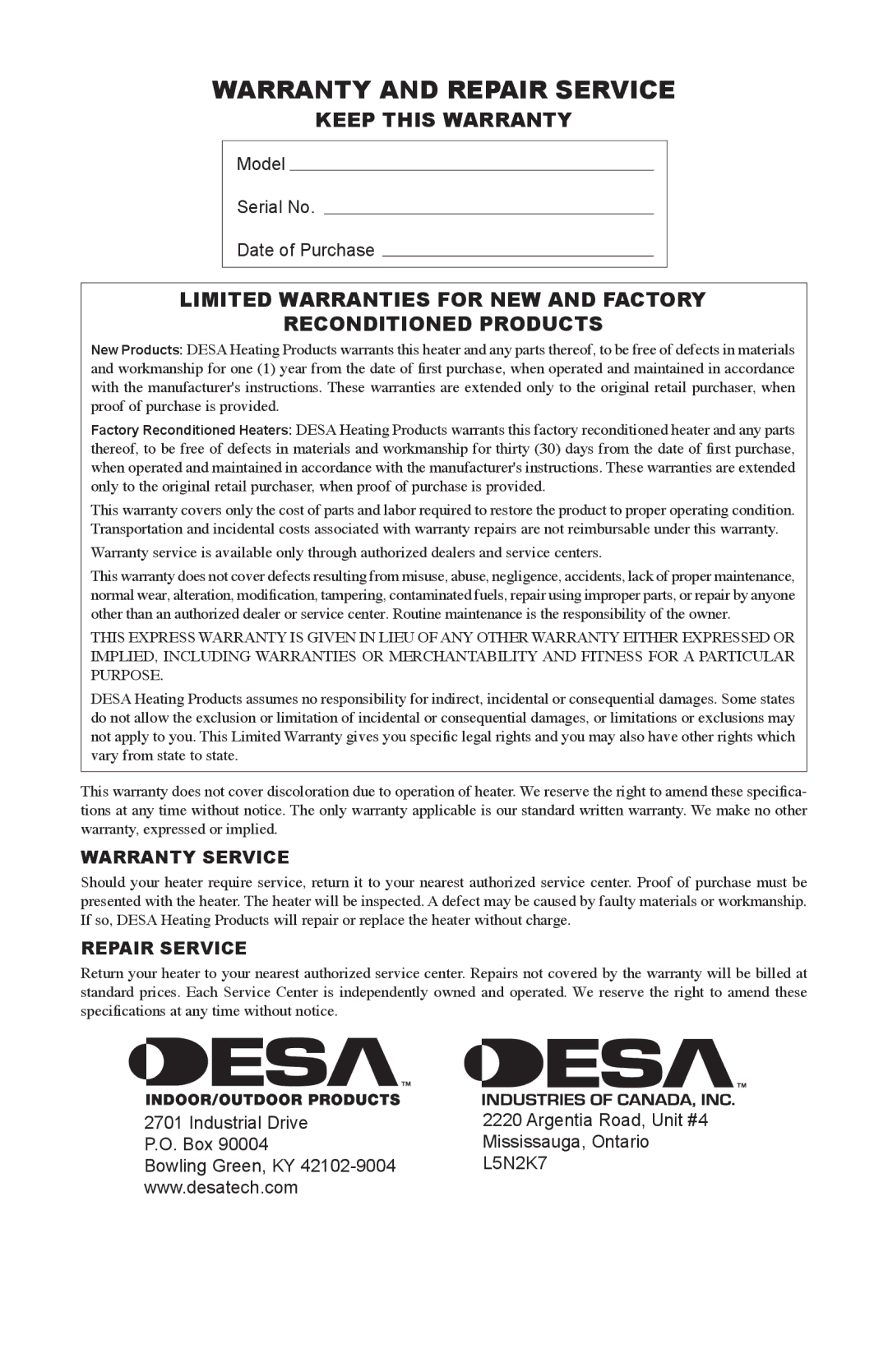 Desa Btu, Hr owner manual Warranty and Repair Service, Keep this Warranty, Warranty Service 