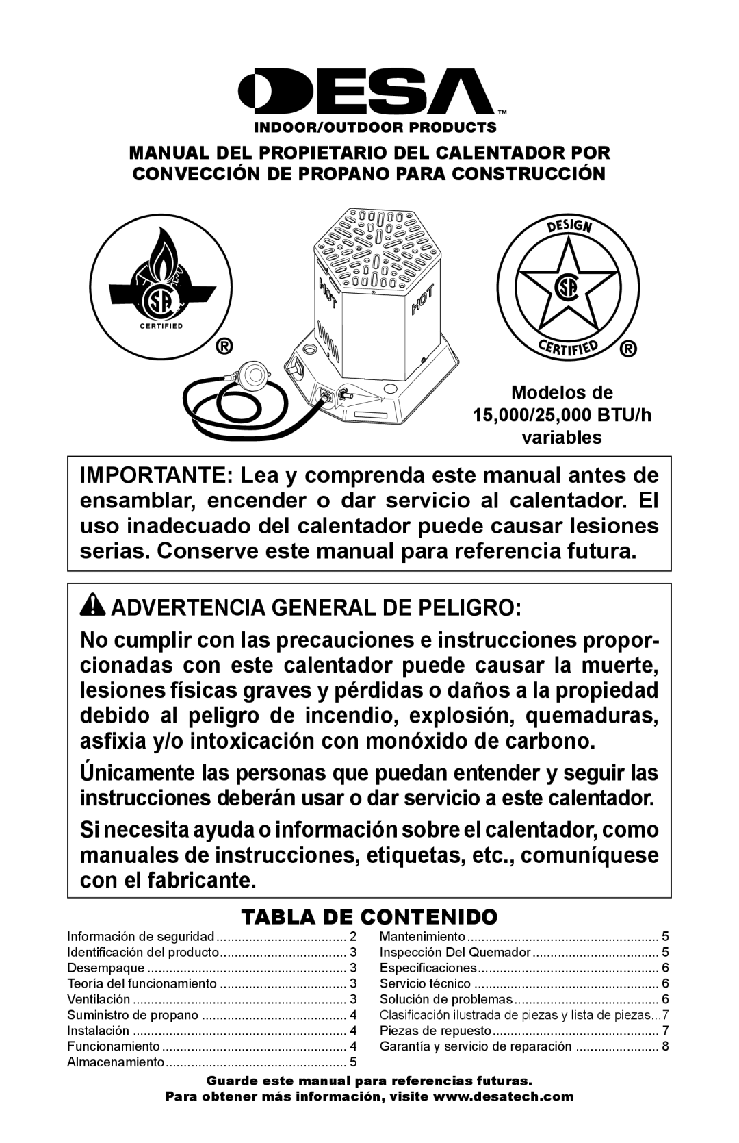 Desa Hr, Btu owner manual Tabla DE Contenido, Modelos de 15,000/25,000 BTU/h Variables 