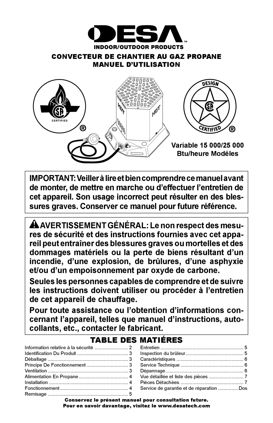 Desa Hr, Btu owner manual Table Des Matiéres, Convecteur De Chantier Au Gaz Propane, MANUEL D’UTILISATION Variable 15 000/25 