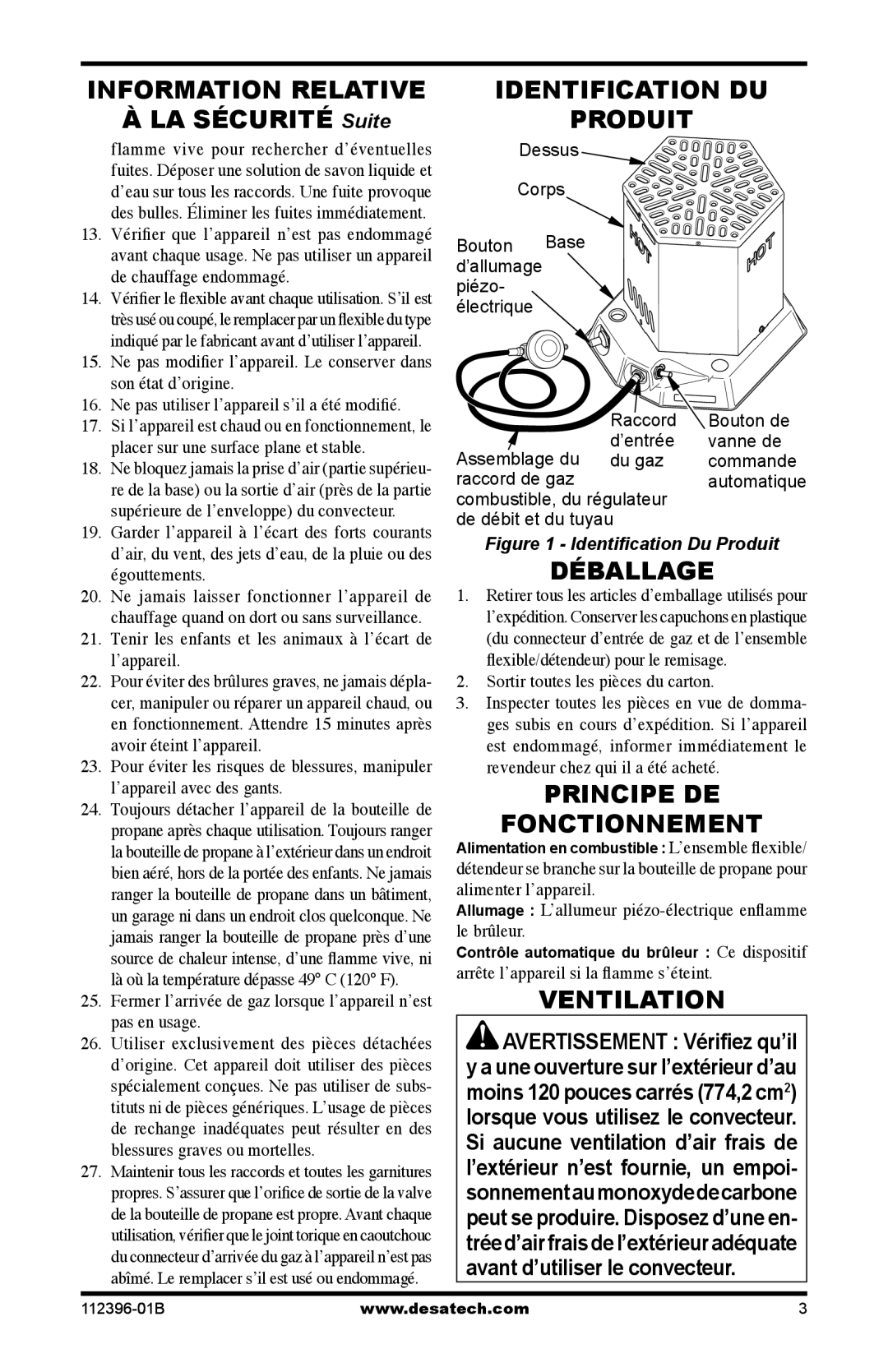 Desa Hr, Btu owner manual INFORMATION RELATIVE À LA SÉCURITÉ Suite, Identification Du Produit, Déballage, Principe De 