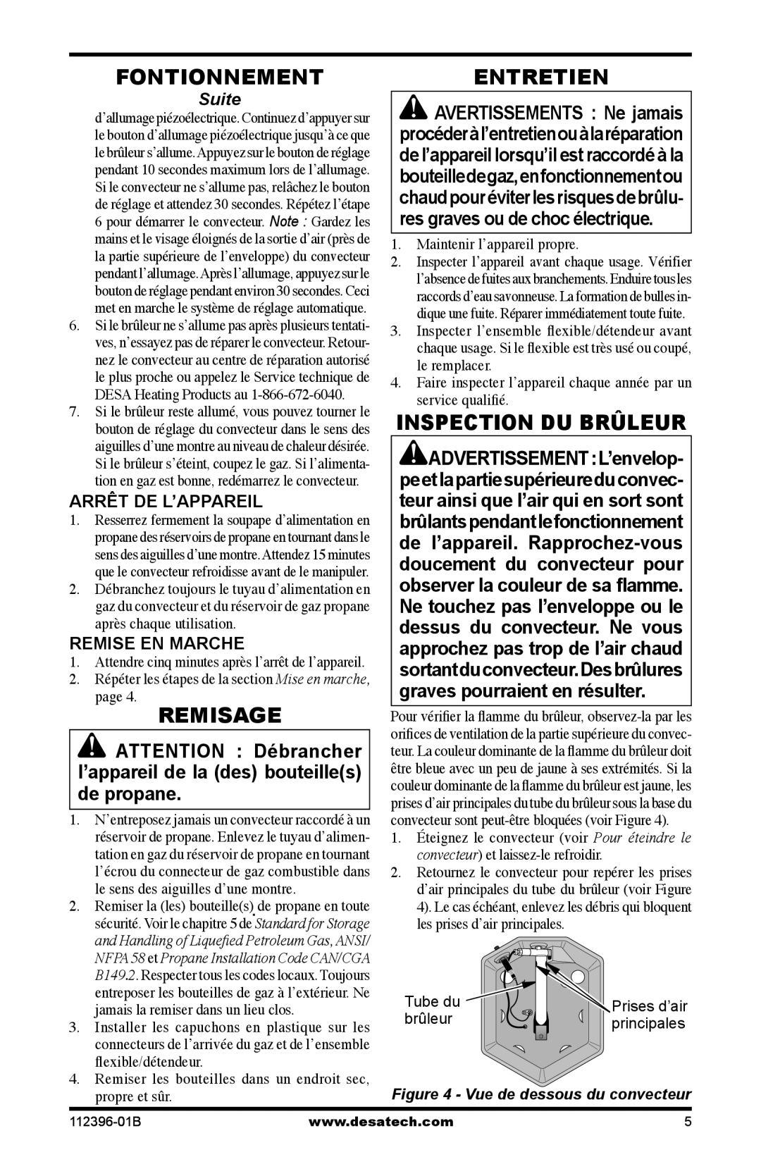 Desa Hr, Btu owner manual Fontionnement, Remisage, Entretien, Inspection Du Brûleur, Arrêt De L’Appareil, Remise En Marche 