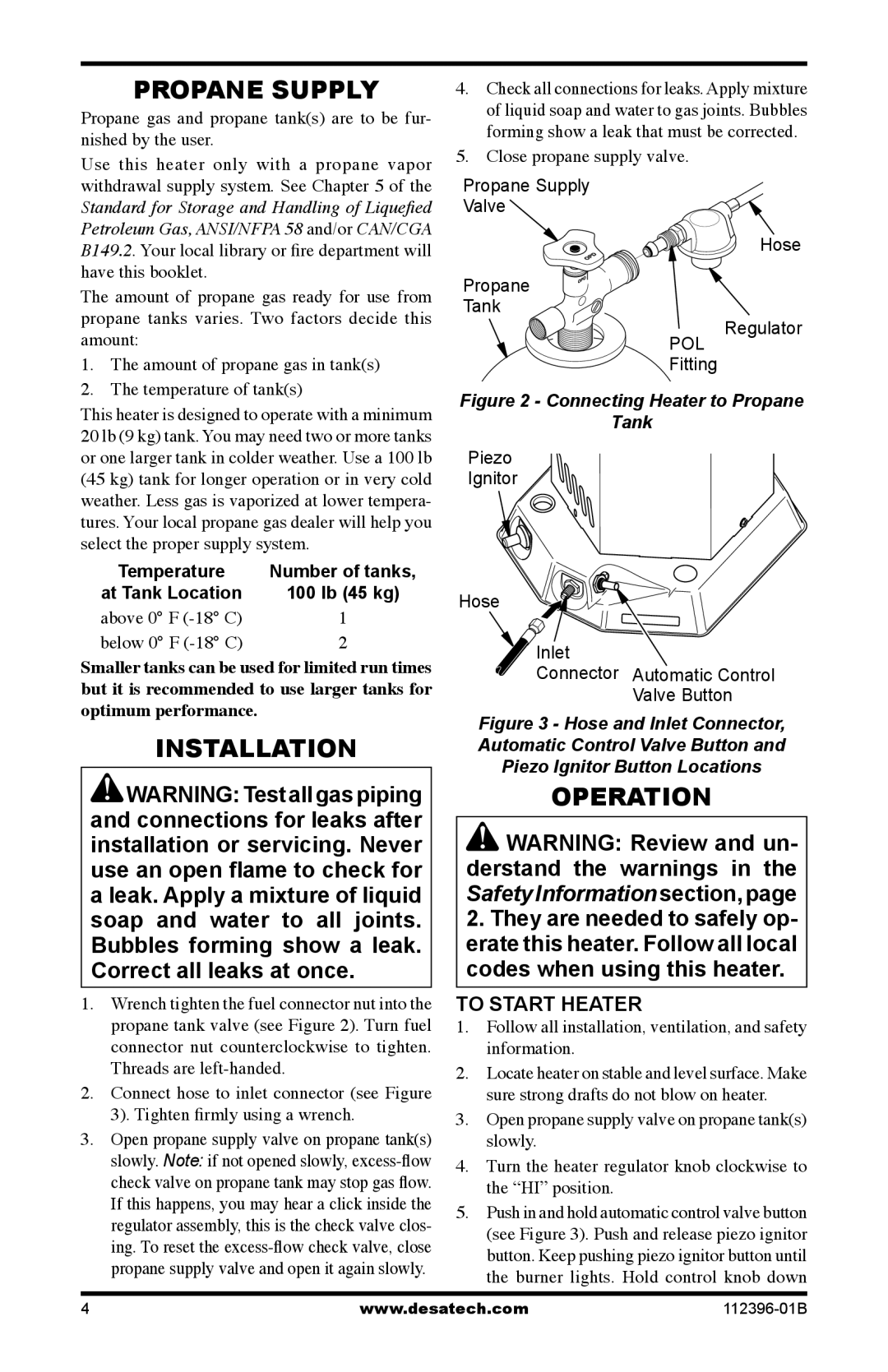 Desa Btu, Hr owner manual Propane Supply, Installation, Operation, WARNING Testallgaspiping, and connections for leaks after 