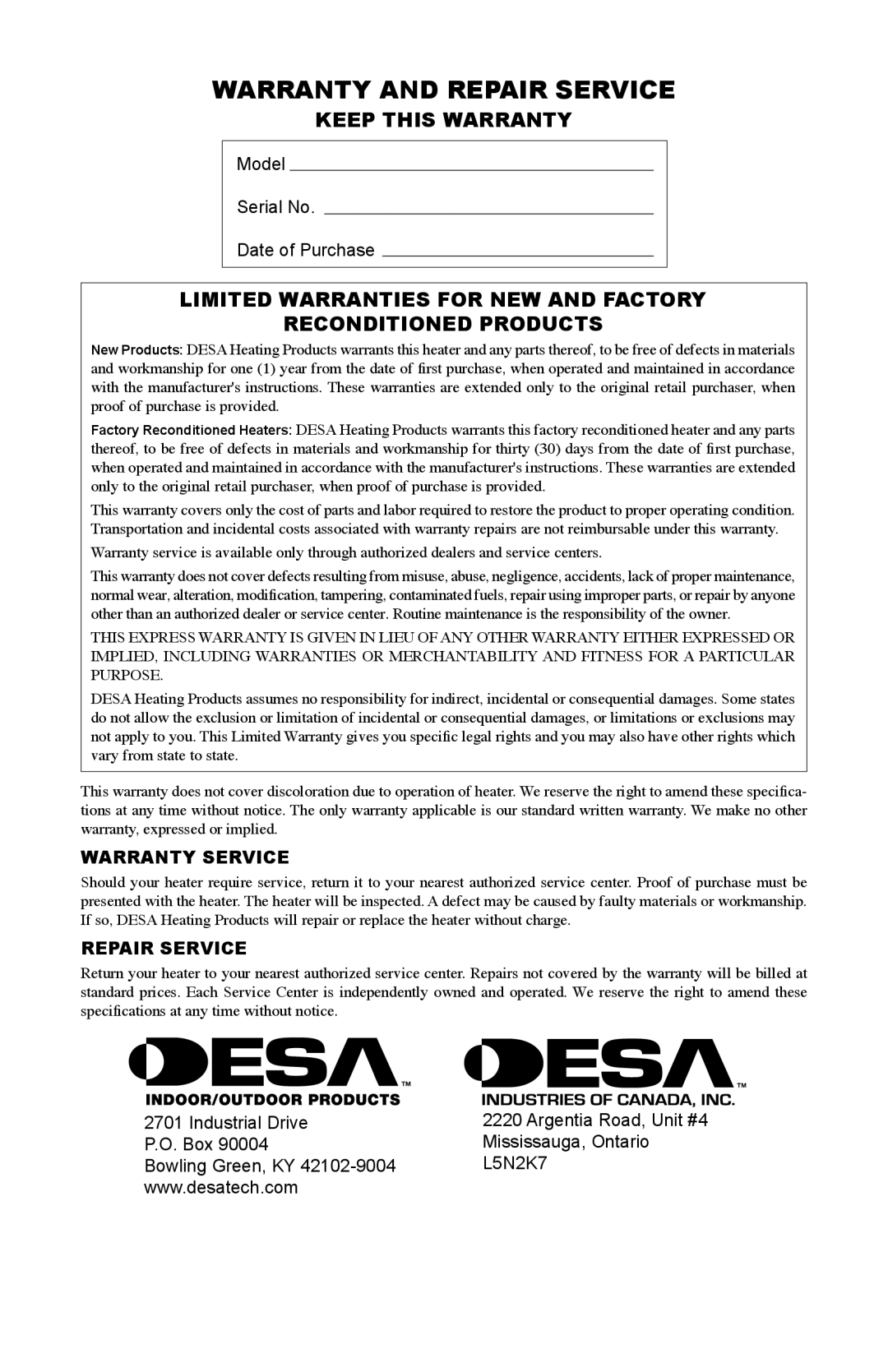Desa Btu Warranty And Repair Service, Keep This Warranty, Limited Warranties For New And Factory, Reconditioned Products 