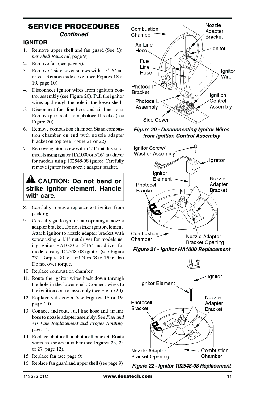 Desa BTU/HR owner manual Ignitor, Carefully remove replacement ignitor from packing, Replace combustion chamber 