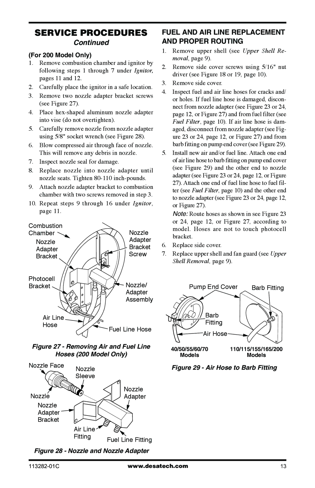 Desa BTU/HR owner manual Fuel and AIR Line Replacement and Proper Routing, For 200 Model Only 