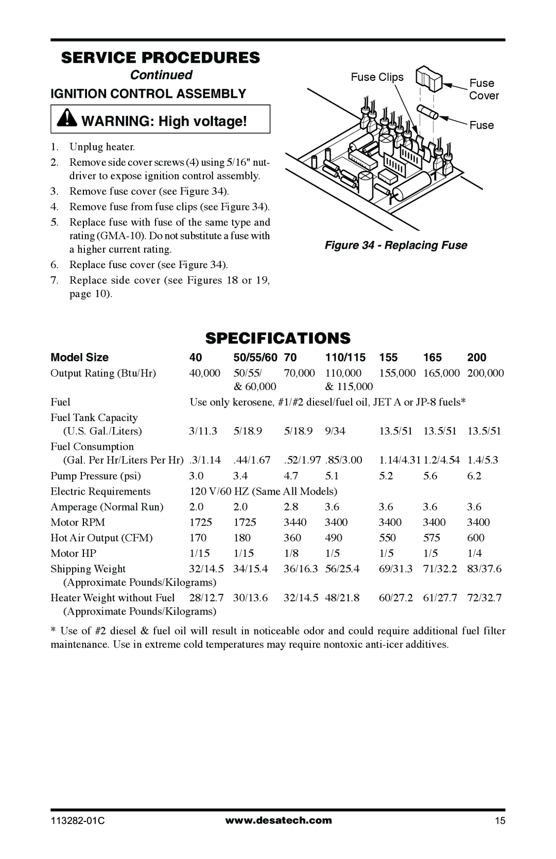 Desa BTU/HR owner manual Specifications, Ignition Control Assembly, Model Size, 110/115 155 165 200 