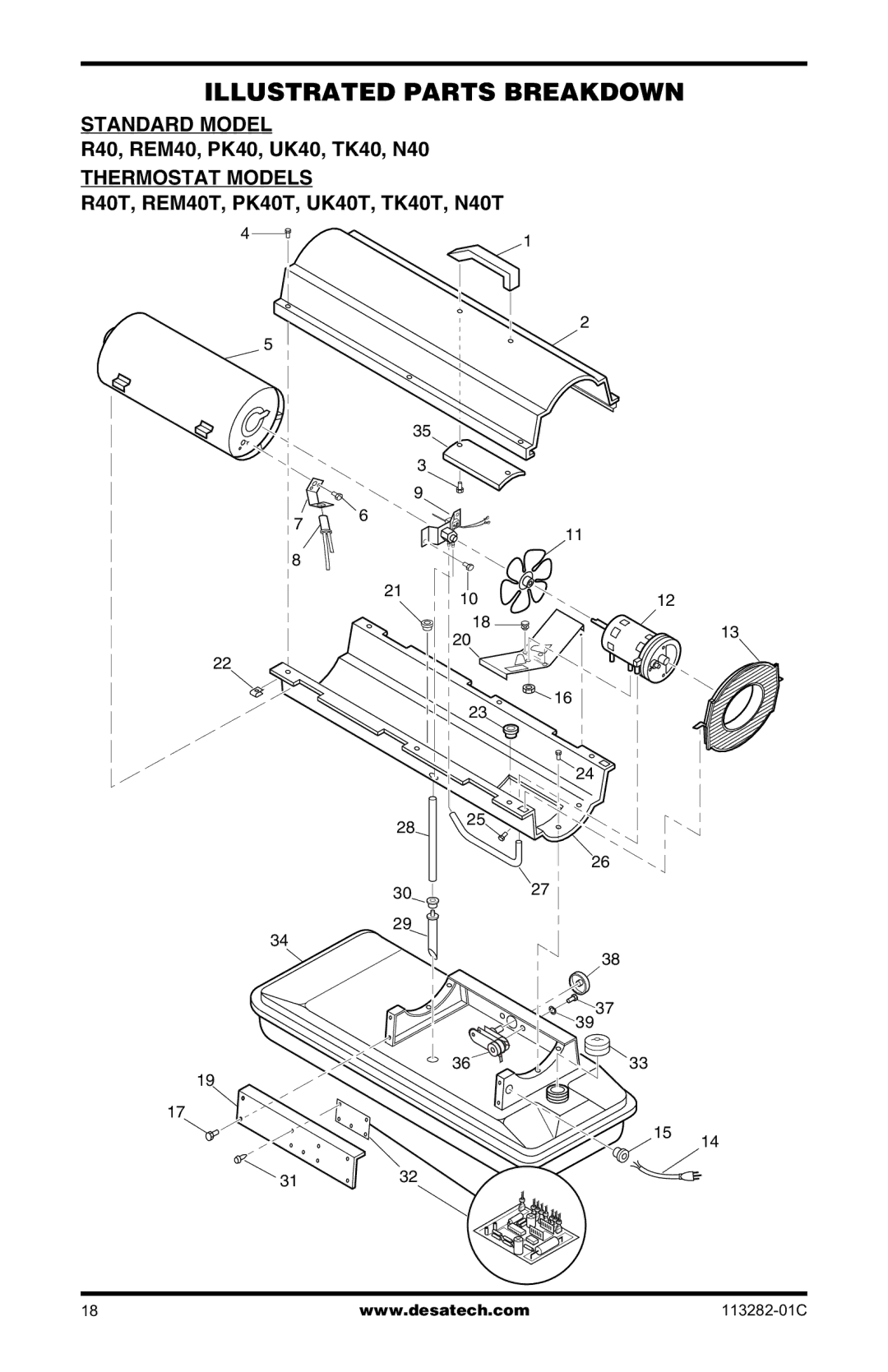 Desa BTU/HR owner manual Illustrated Parts Breakdown, Standard Model, R40, REM40, PK40, UK40, TK40, N40, Thermostat Models 