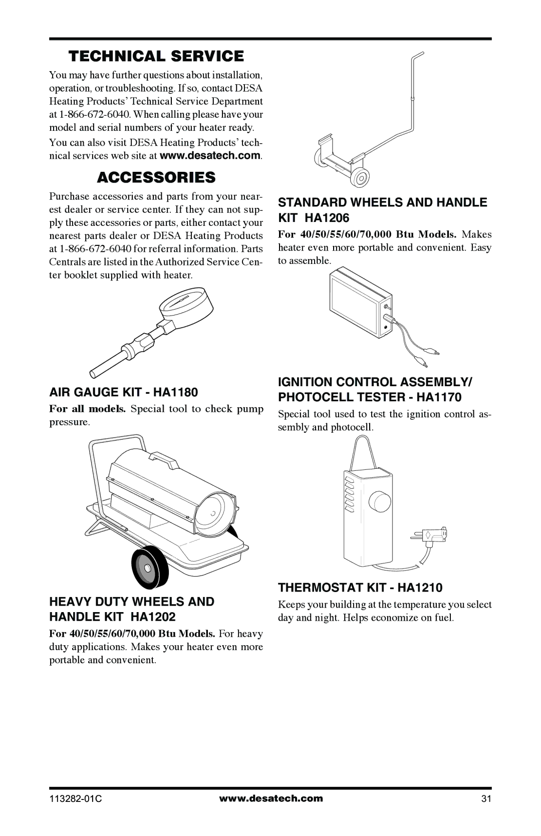 Desa BTU/HR owner manual Technical Service, Accessories 