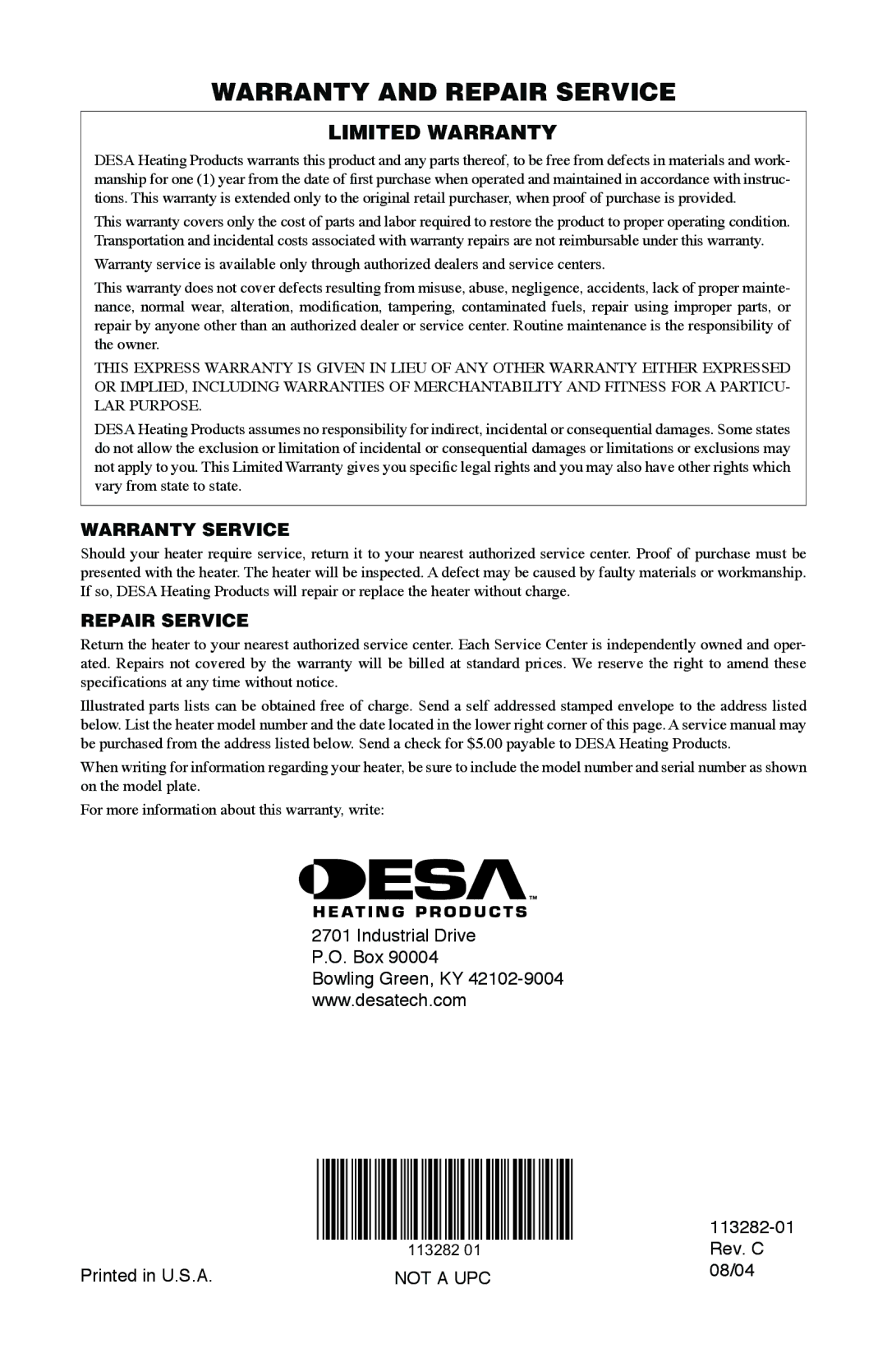 Desa BTU/HR owner manual Warranty and Repair Service, Limited Warranty 