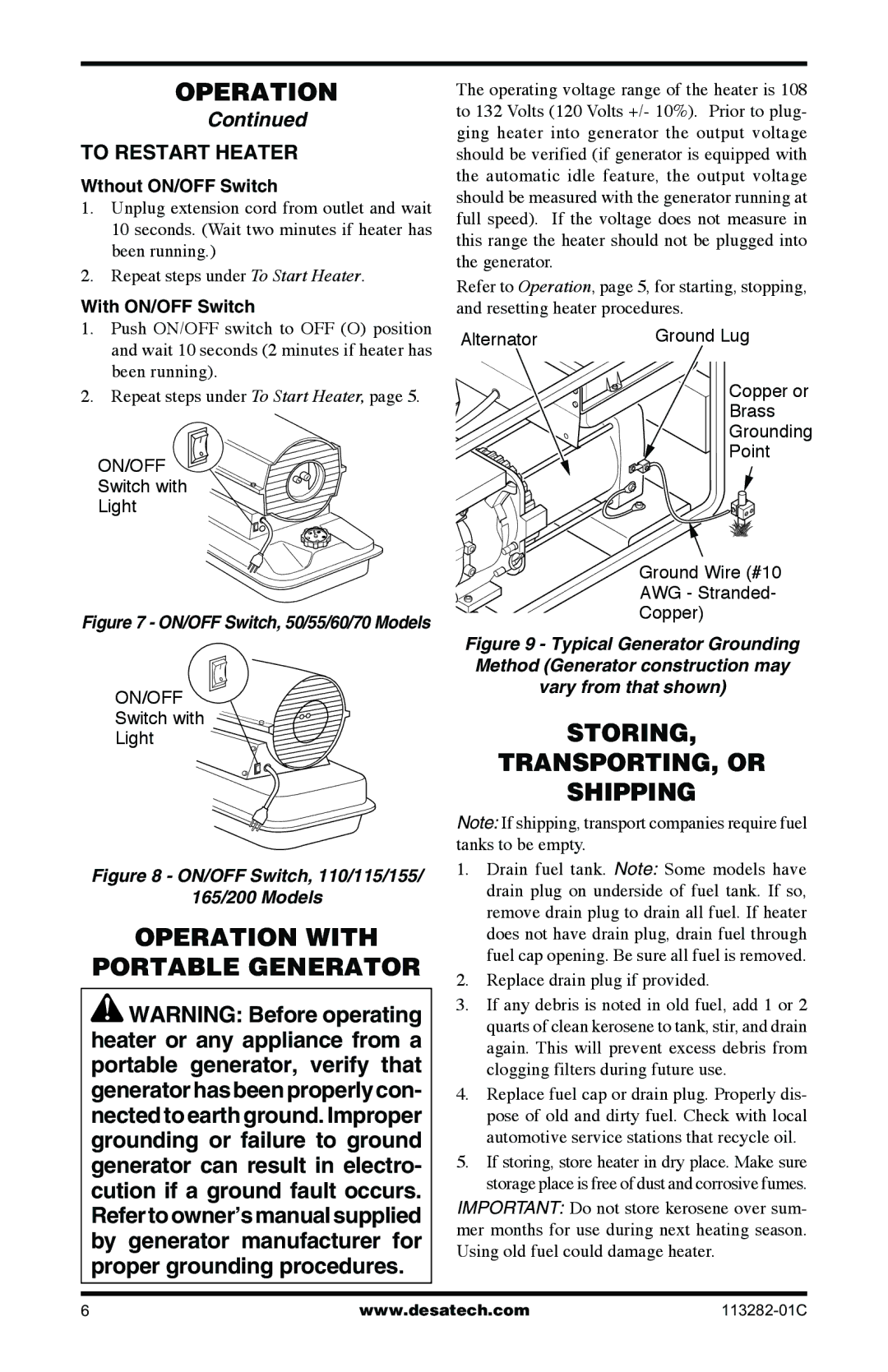 Desa BTU/HR Operation with Portable Generator, Storing TRANSPORTING, or Shipping, To Restart Heater, Wthout ON/OFF Switch 