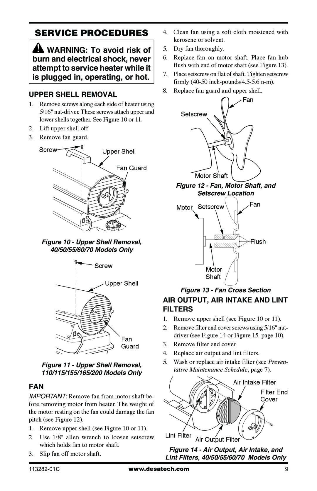 Desa BTU/HR owner manual Service Procedures, Upper Shell Removal, AIR OUTPUT, AIR Intake and Lint Filters, Fan 