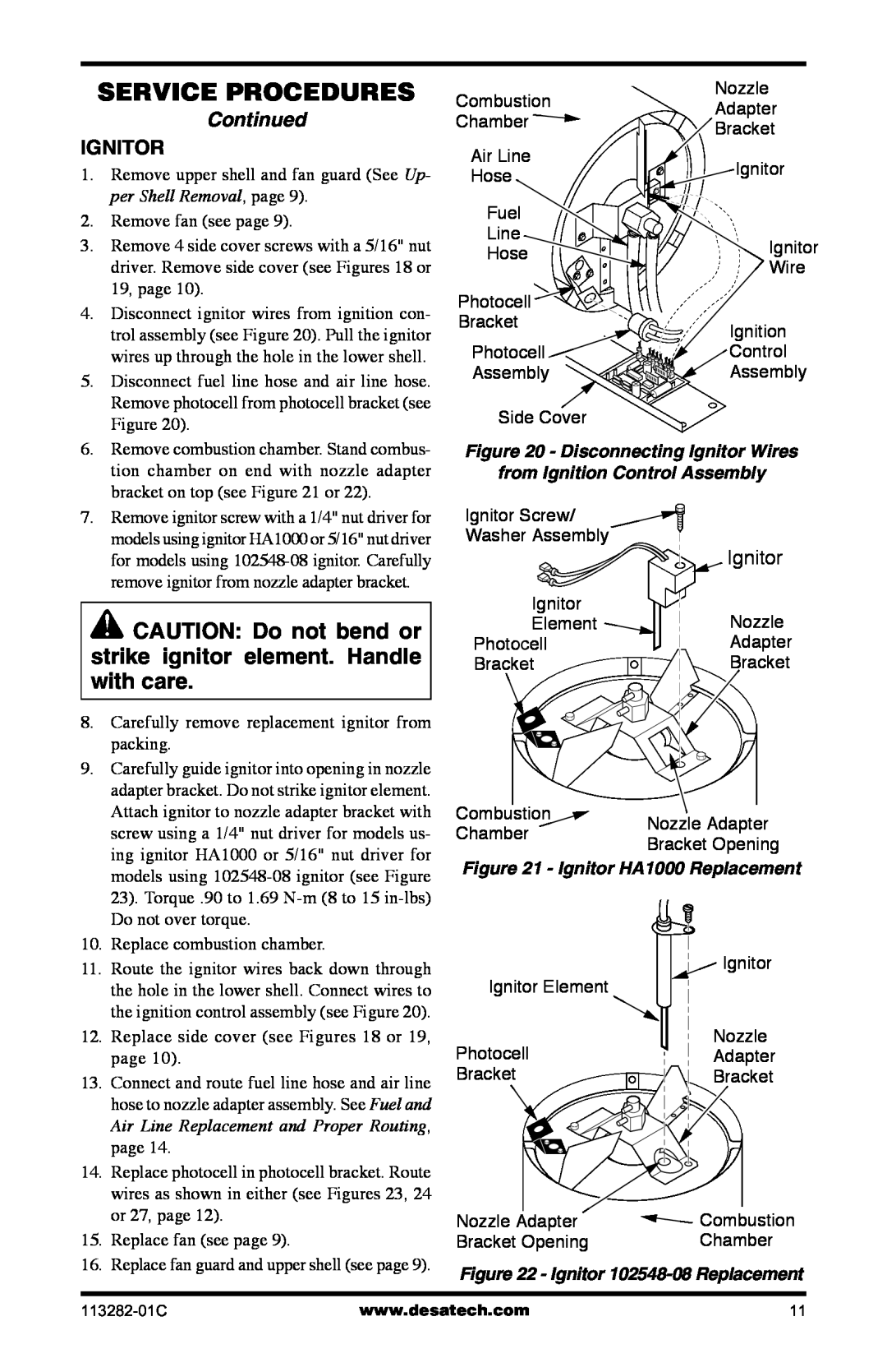 Desa BTU/HR owner manual Service Procedures, Continued, Disconnecting Ignitor Wires, from Ignition Control Assembly 