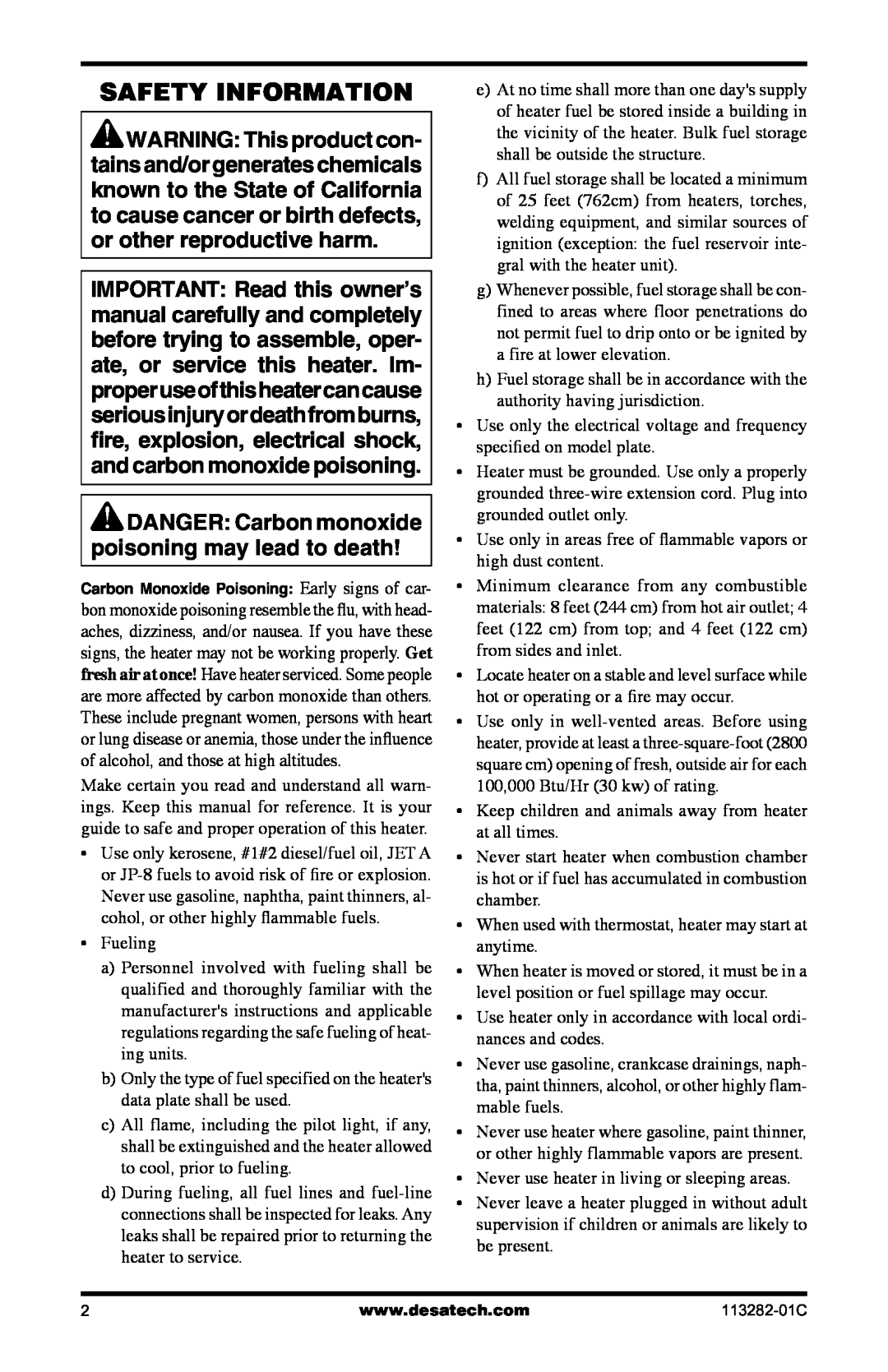 Desa BTU/HR owner manual Safety Information 
