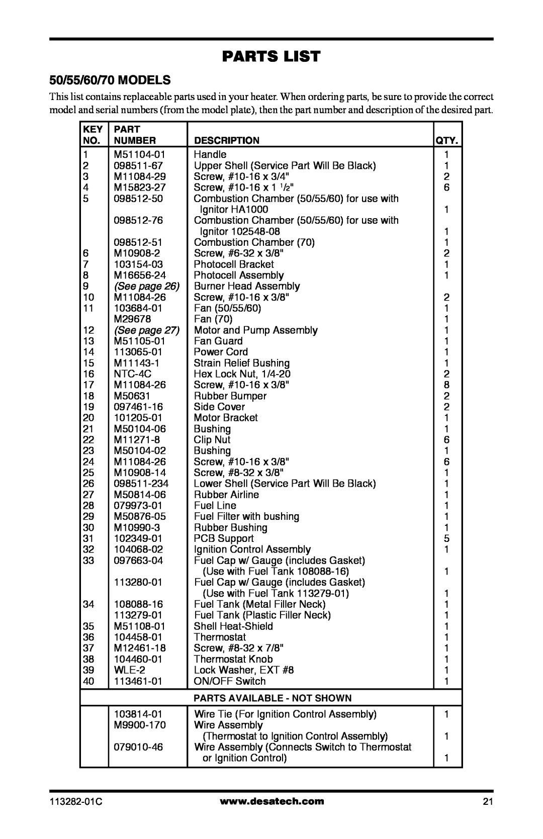 Desa BTU/HR owner manual Parts List, 50/55/60/70 MODELS, See page 