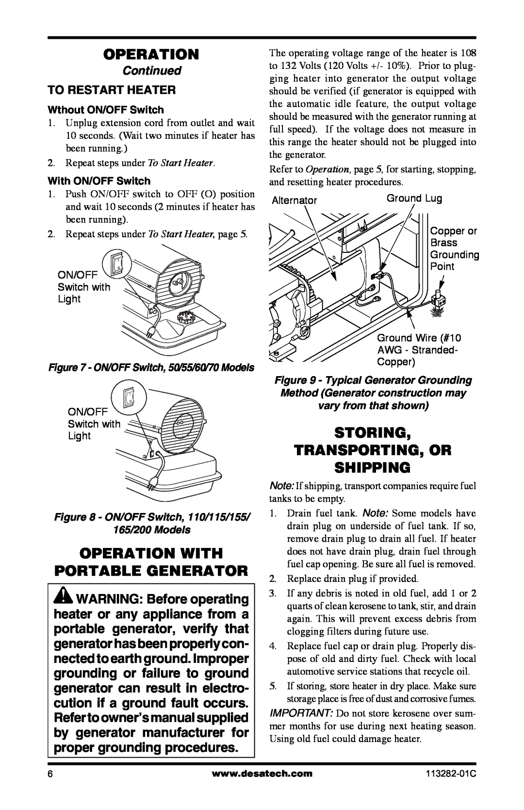 Desa BTU/HR owner manual Operation With Portable Generator, Storing Transporting, Or Shipping, Continued, To Restart Heater 
