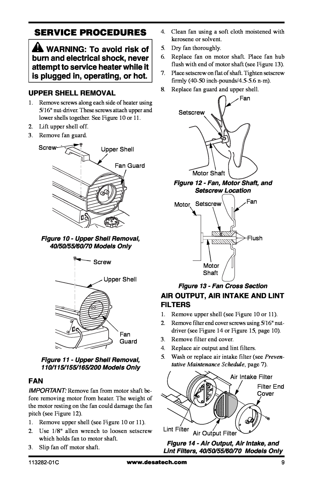 Desa BTU/HR Service Procedures, Upper Shell Removal, Air Output, Air Intake And Lint Filters, Fan, Motor Shaft, and 