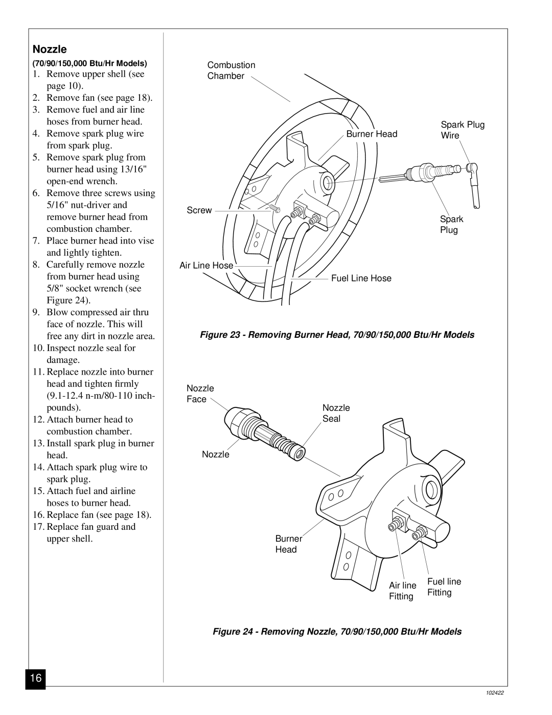 Desa BY150CE, BY30CE, BY100CE, BY70CE owner manual Removing Burner Head, 70/90/150,000 Btu/Hr Models 