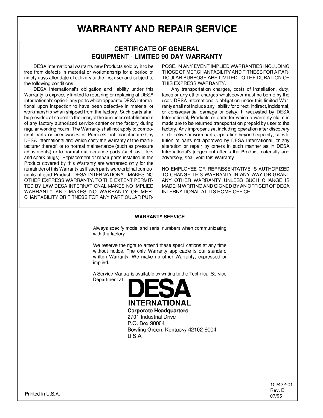 Desa BY150CE, BY30CE, BY100CE, BY70CE Warranty and Repair Service, Certificate of General Equipment Limited 90 DAY Warranty 