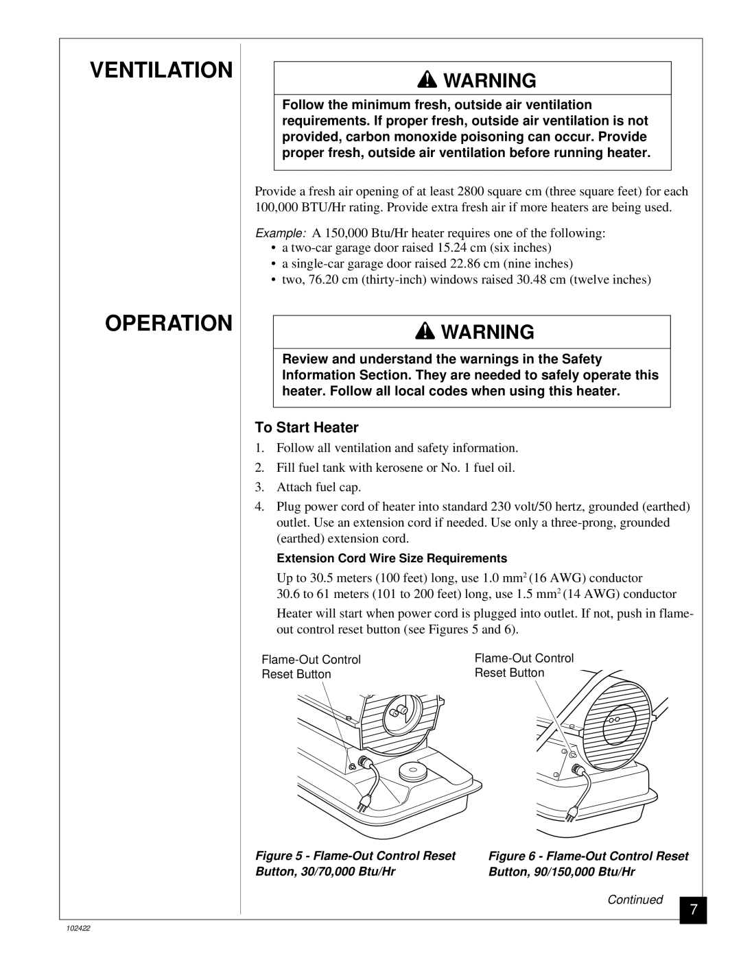 Desa BY70CE, BY150CE, BY30CE, BY100CE owner manual Ventilation Operation, To Start Heater 